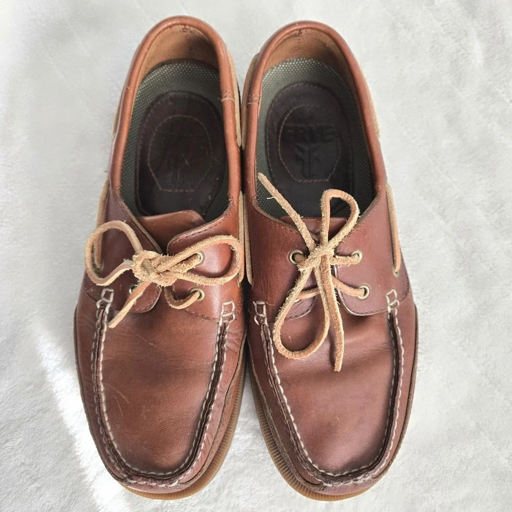 Frye-ROCKPORT Colab Mens Boat Shoes Size 9W‎ Leather Brown Rawhide Ties Nautical